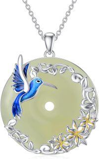 wholesale 925 Sterling Silver Green Jade Pendant with Blue Hummingbird and Gold Flowers Necklaces Gifts for Women & Girls-Hummingbird Flower-White Gold