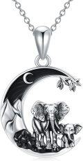 wholesale 925 Sterling Silver Elephant Family Crescent Moon Necklace with Black Crystal and Leaf Charm Pendant for Women Girls Gifts 43mm x 78mm-0-0