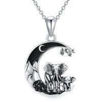 wholesale 925 Sterling Silver Elephant Family Crescent Moon Necklace with Black Crystal and Leaf Charm Pendant for Women Girls Gifts 43mm x 78mm-Elephant-2