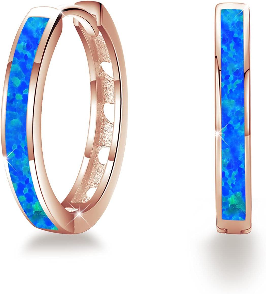 Sterling Silver Simulated Opal Hoop Earrings for Women Hypoallergenic Huggie Hinged Hoops Colorful Jewelry Gift-20mm Rose Gold Blue-20