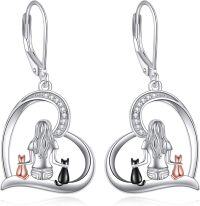 wholesale 925 Sterling Silver Cat Earrings Dangle Drop Leverback s for Women-Silver-Cat Earrings