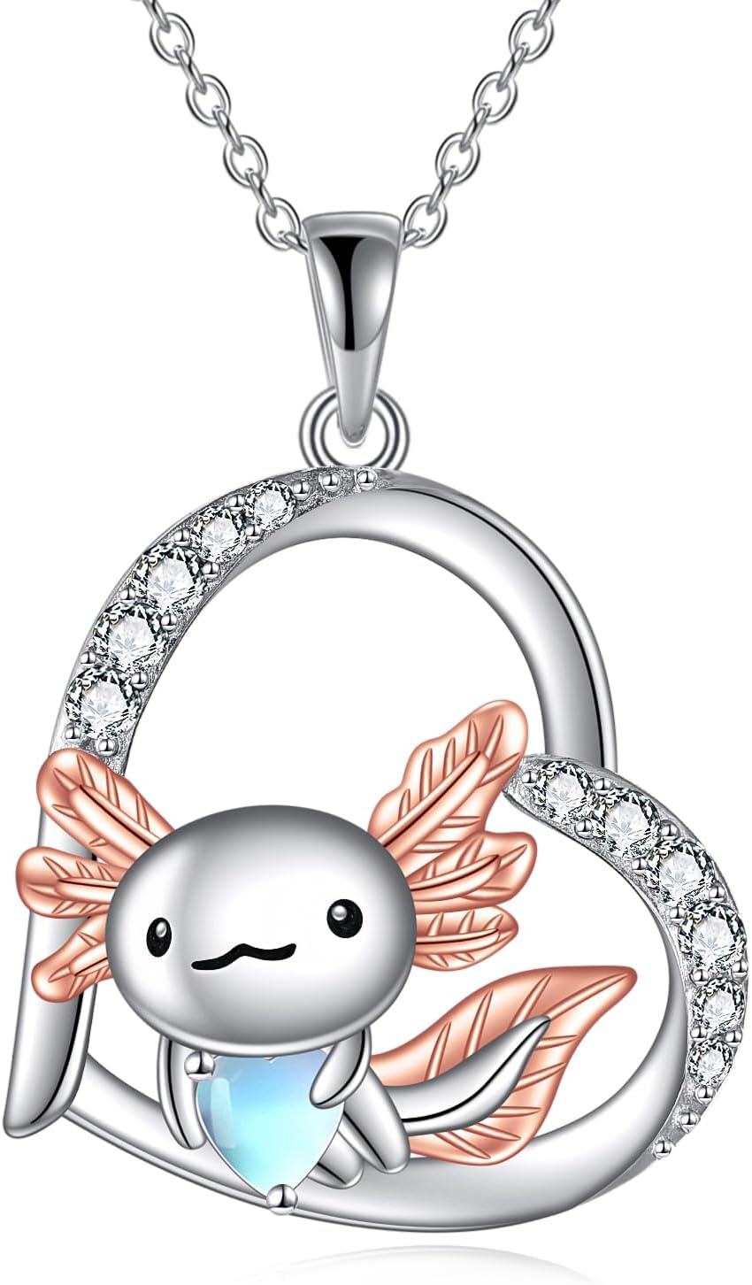 Sterling Silver Heart Pendant Necklace with Cute Animal Charms (Cow Squirrel Guinea Pig Bulldog Axolotl) for Women Teens-Axolotl Necklace