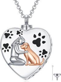 wholesale 925 Sterling Silver Heart Shaped Pet Memorial Keepsake Pendant with Dog and Human Figurine Design - 3D Engraved Paw Prints & Funnel Included-Dog