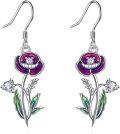 wholesale 925 Sterling Silver Purple Poppy Flower Drop Dangle Earrings with Green Leaves and CZ Stones for Women Girls -0-0