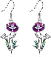 wholesale 925 Sterling Silver Purple Poppy Flower Drop Dangle Earrings with Green Leaves and CZ Stones for Women Girls -Drop-Aug.Poppy Earrings