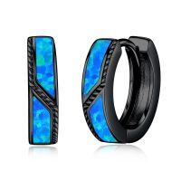 wholesale 925 Sterling Silver Hoop Earrings Wholesale With Blue Inlay Design For Women-Black-Blue Opal