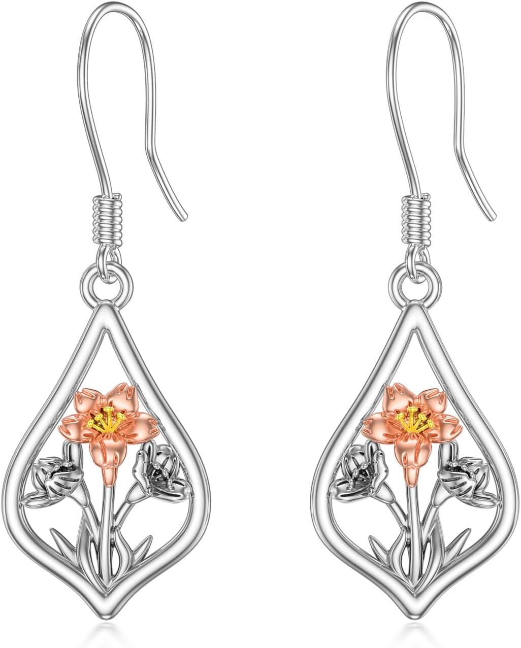  Metal Sterling Silver Stone Flower Dangle Drop Earrings for Women Mom Leverback Jewelry Gifts -05-Dangle-Cherry blossoms