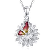 wholesale 925 Sterling Silver Red & Yellow Enamel Heart Flower Pendant Necklace Gift for Her-Butterfly