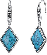 wholesale Sterling Silver Turquoise Retro Green Dangle Hook Earrings Vintage Filigree Western Jewelry Women Gifts-Rhombic