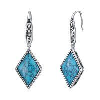 wholesale 925 Sterling Silver Turquoise Retro Green Dangle Hook Earrings Vintage Filigree Western Jewelry Women Gifts-Rhombic