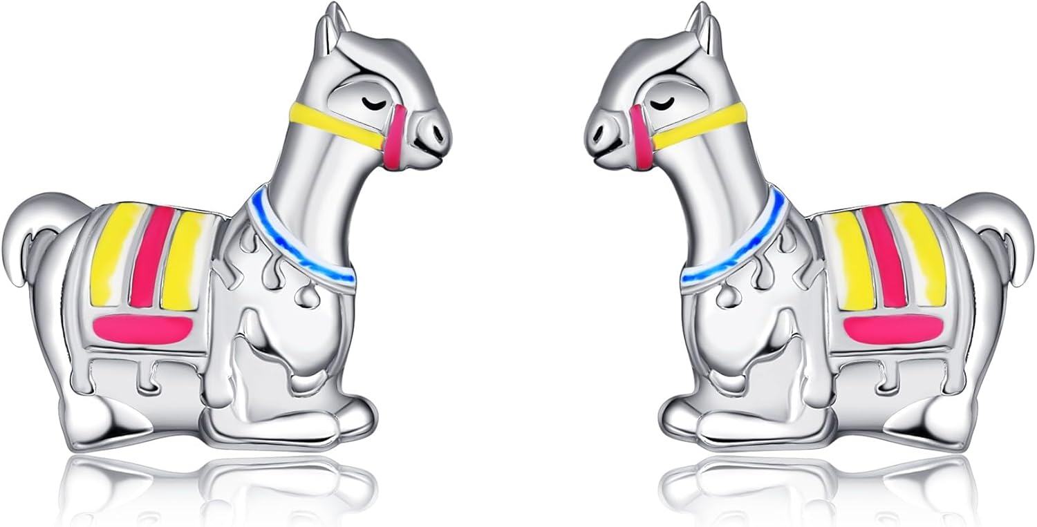 Sterling Silver Animal Earrings Horse Bee Llama Owl Jellyfish Parrot Bunny Duck Penguin Flamingo Paw Print Panda Dolphin Hummingbird for Mom-Llama-Llama