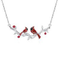 wholesale 925 Sterling Silver Red Gemstone Cardinal Branches Cross Bird Pendant Necklace for Women Gifts-F-Cardinal