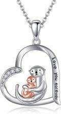 wholesale 925 Sterling Silver Heart Pendant with Mother and Baby Otters Love You Forever Necklace Gifts for Her-0-0