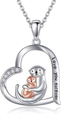 wholesale 925 Sterling Silver Heart Pendant with Mother and Baby Otters Love You Forever Necklace Gifts for Her-Otter