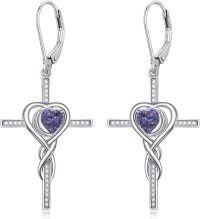 wholesale TOUPOP Cross Earrings For Women Infinity Amethyst Cross Earrings Sterling Silver Religious Jewelry February Birthstone Earring With Heart Crystal Birthday Gifts For Women -undefined