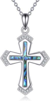 wholesale 925 Sterling Silver Abalone Shell Inlay Cubic Zirconia Cross Pendant Necklace for Women and Men-F.Cross