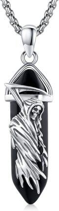 wholesale 925 Sterling Silver Black Obsidian Grim Reaper Skull Triangle Pendant Necklace-0-0