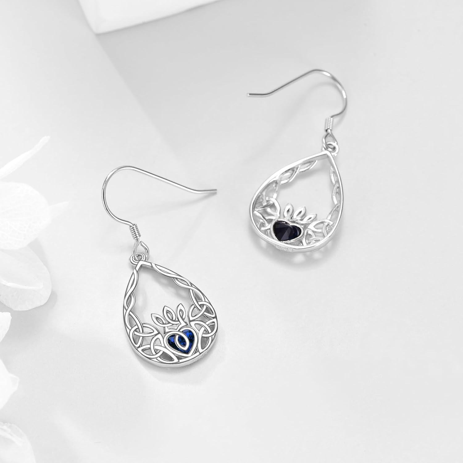 925 Sterling Silver Celtic Knot Heart Drop Earrings with Blue Crystal Stone Gift for Her-0-3