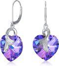 wholesale 925 Sterling Silver Purple Crystal Angel Wing Heart Drop Earrings-0-0