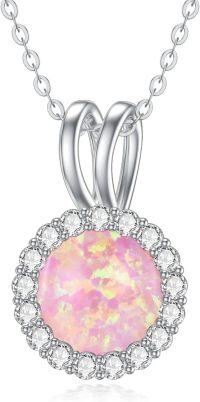 wholesale 925 Sterling Silver Opal Necklace Round Opal Stone Pendant October Birthstone Gift-F_Pink