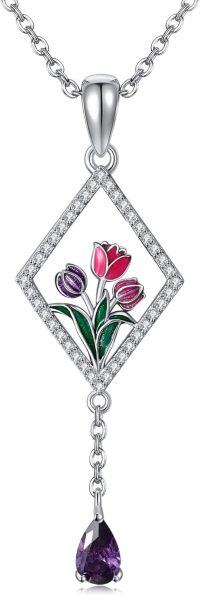 wholesale 925 Sterling Silver Purple Tulip Flower Drop Pendant Necklace for Women Girls Valentines Day Gifts Jewelry 43cm Chain Length-Tulip