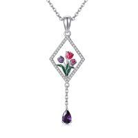 wholesale 925 Sterling Silver Purple Tulip Flower Drop Pendant Necklace for Women Girls Valentines Day Gifts Jewelry 43cm Chain Length-Tulip