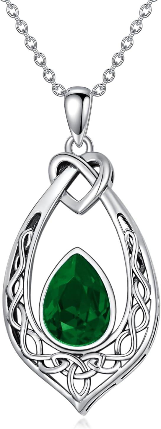 Sterling Silver Simulated Birthstone Celtic Knot Necklace Oxidized Vintage Love Knot Pendant Women s Jewelry Gift-Emerald Green