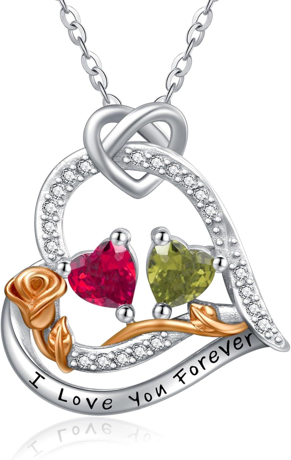  Sterling Silver 2 Birthstones Rose Heart Necklace for Women -07-08-Jul-Aug