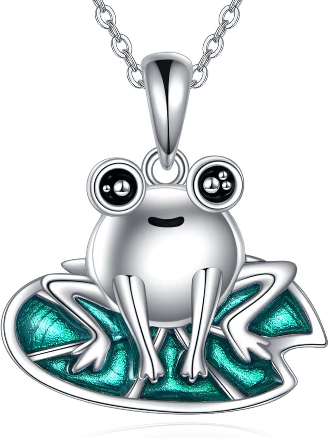 925 Sterling Silver Frog Pendant with Green Enamel Leaves Necklace for Women-0-0