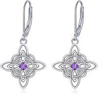 wholesale 925 Sterling Silver Birthstone Witches Knot Dangle Leverback Earrings for Women-February-Amethyst