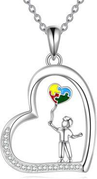 wholesale 925 Sterling Silver Autism Awareness Necklace with Heart Pendant and Puzzle Piece Design for Women-01 silver