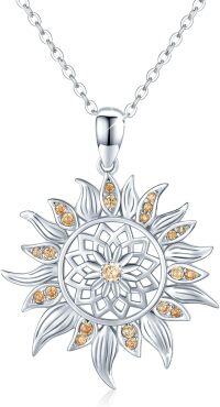 wholesale 925 Sterling Silver Sunflower Pendant Necklace with Orange Cubic Zirconia Stones for Women-Silver
