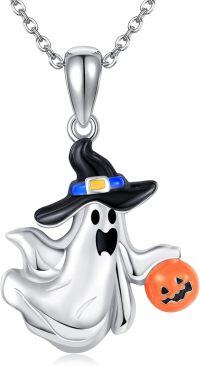 wholesale 925 Sterling Silver Halloween Witch Pendant with Pumpkin Charm and Hat for Women's Fashion Necklaces-ghost