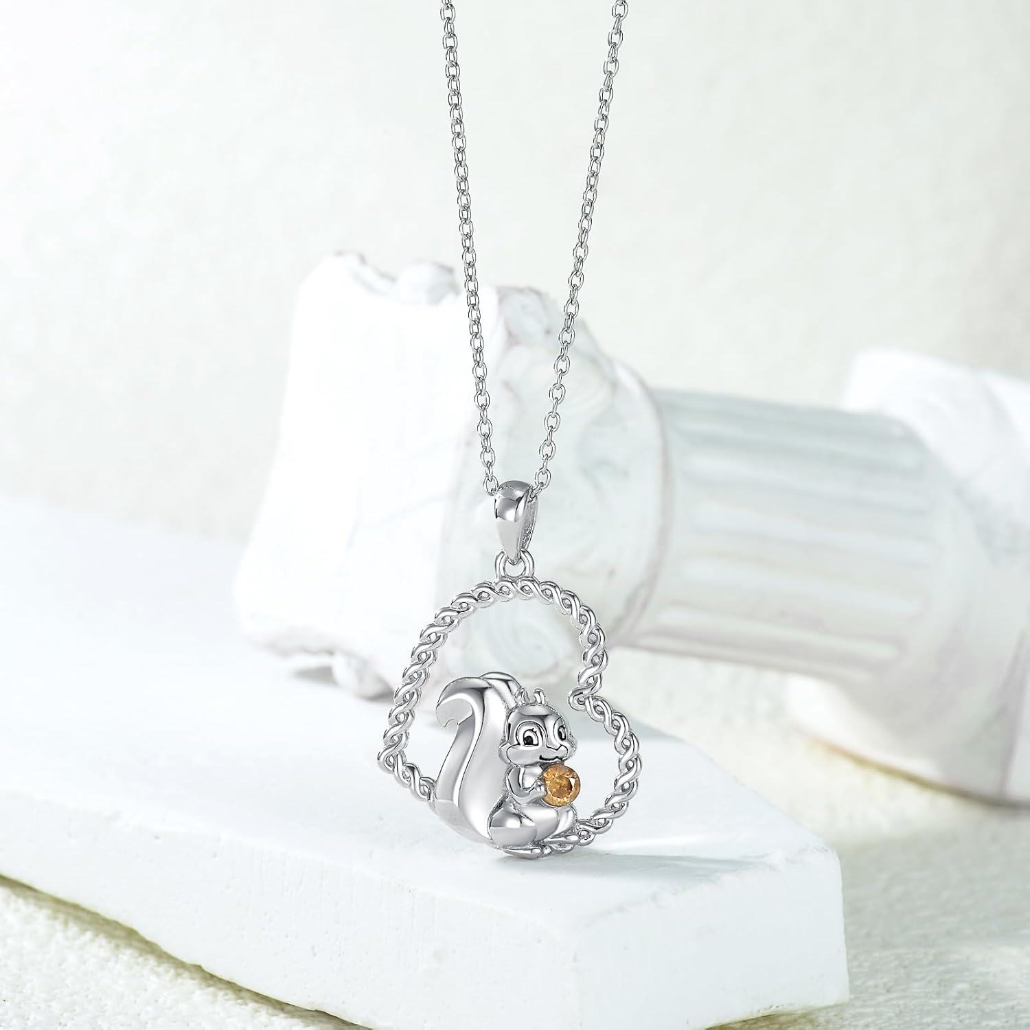 925 Sterling Silver Squirrel Pendant Necklace with Citrine Gemstone and Twisted Rope Chain for Women Girls  43cm Length-0-1