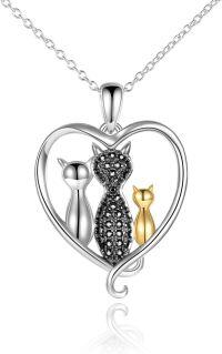 wholesale 925 Sterling Silver Heart-Shaped Pendant with Cats and Cubic Zirconia Necklaces Gifts for Women-Black Cats