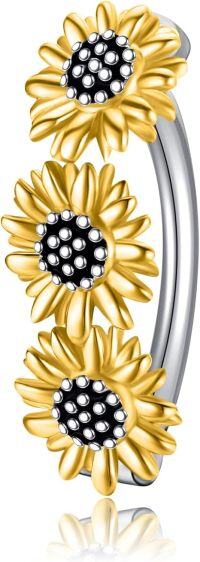 wholesale 925 Sterling Silver Sunflower Daisy Dangle Hoop Belly Ring (14G)-Sunflower Hoop