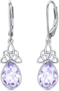 wholesale Sterling Silver Crystal Leverback Celtic Knot Birthstone Drop Earrings for Women-June Birthstone-Light Purple Crystal