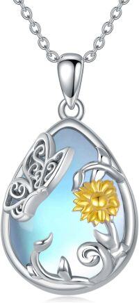 wholesale 925 Sterling Silver Teardrop Blue Agate Sunflower Pendant Necklace for Women-Butterfly
