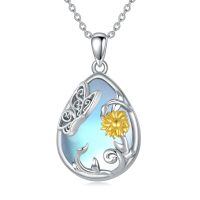 wholesale 925 Sterling Silver Teardrop Blue Agate Sunflower Pendant Necklace for Women-Butterfly