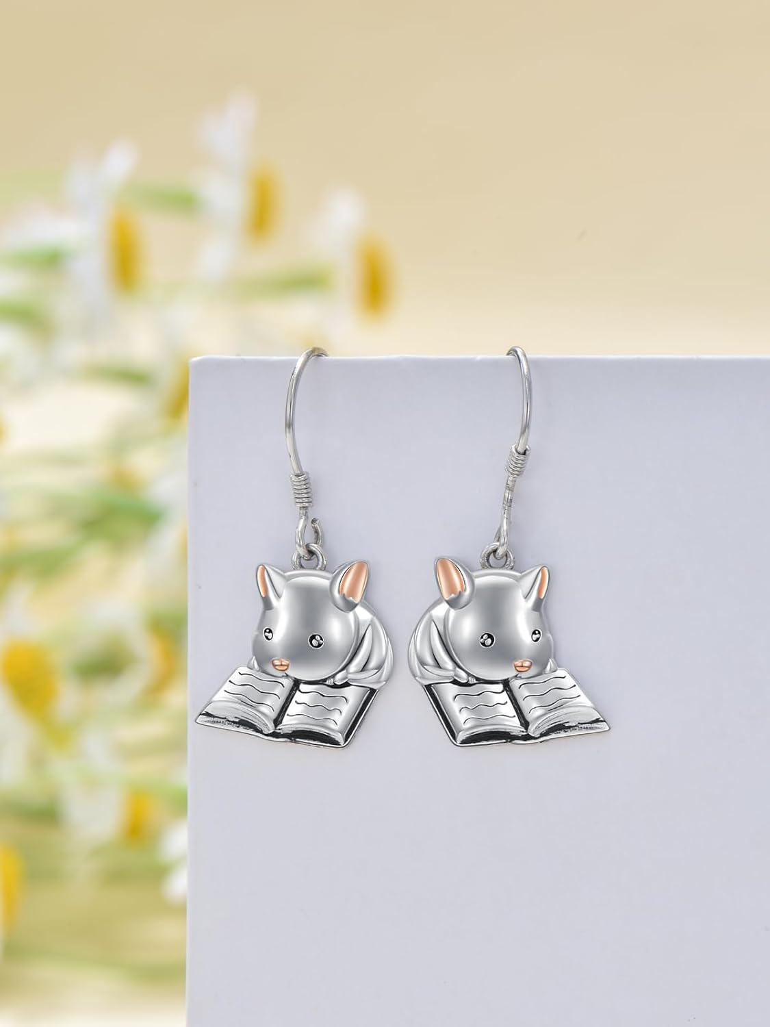925 Sterling Silver 3D Mouse Reading Book Dangle Earrings Gifts for Women & Girls-0-2