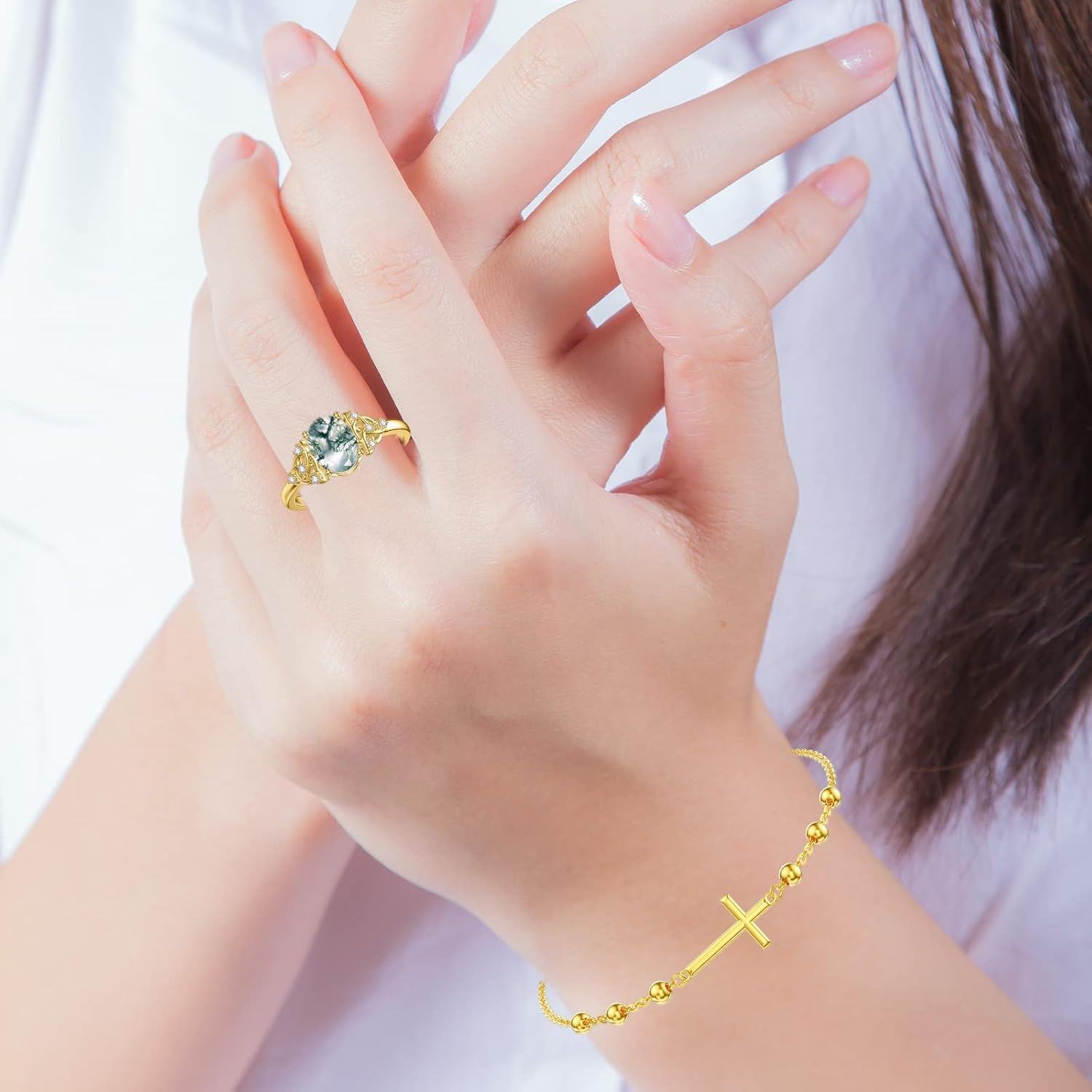 wholesale 14K Gold Sideways Cross Beaded Chain Bracelet for Women Religious s-0-4
