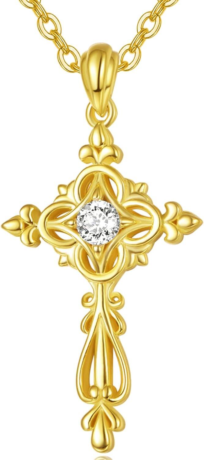 Sterling Silver Stone Christian Cross Pendant Necklace for Women Mom Faith Gifts-Gold Clover Cross