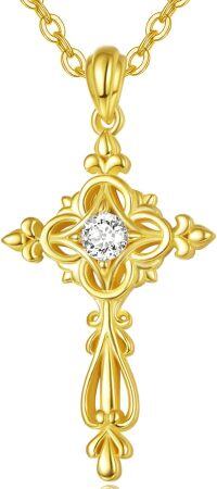 wholesale Gold 925 Sterling Silver Cubic Zirconia Cross Pendant Necklace for Women Mom Faith Gift-Gold Clover Cross