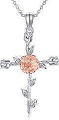 wholesale 925 Sterling Silver Cross with Pink Rose and Leaves Pendant Necklace for Women-0-0
