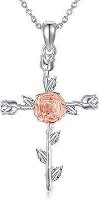 wholesale 925 Sterling Silver Cross with Pink Rose and Leaves Pendant Necklace for Women-Rose