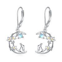 wholesale 925 Sterling Silver Platinum Plated Moonstone Crescent Moon Rabbit Flower Drop Earrings-A-Bunny