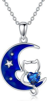 wholesale 925 Sterling Silver Crescent Moon & Heart Cat Pendant Necklace Blue Crystal Stone s for Women-03-Moon-Cat