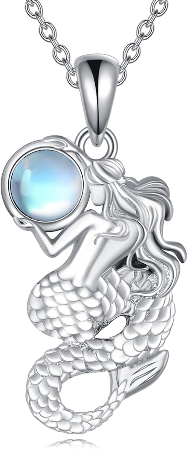 Sterling Silver Moonstone Mermaid Tail Pendant Necklace Ocean Jewelry-0-0
