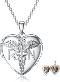wholesale 925 Sterling Silver Heart Locket with Caduceus and Angel Wings RN Charm Necklace-RN Locket Necklace
