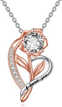 wholesale 925 Sterling Silver Rose Gold Plated Crystal Heart Necklace with I Love You Engraving for Women-Flower